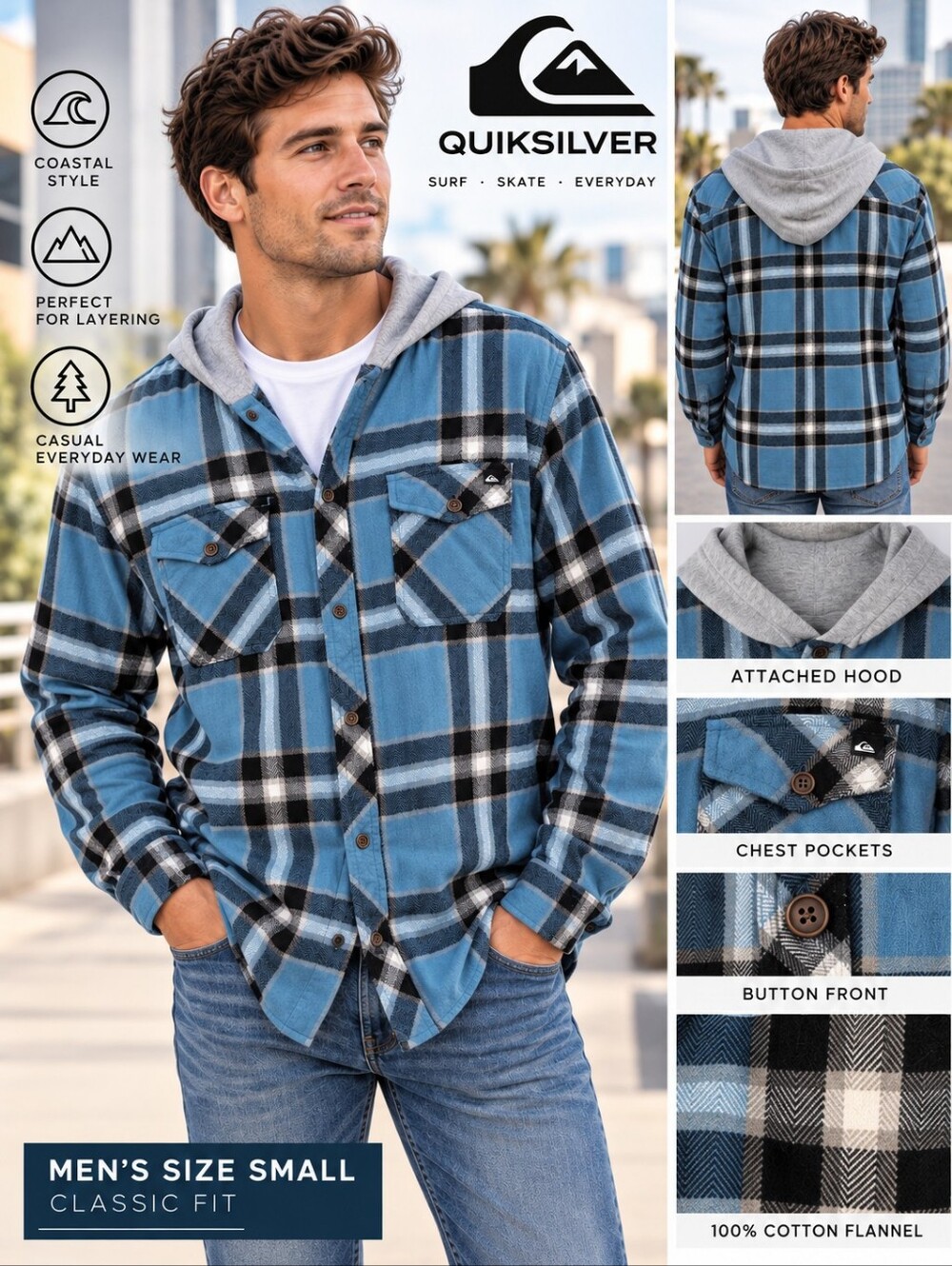Quiksilver Blue Plaid Hooded Flannel Shirt Men's Small Skater Surf Streetwear